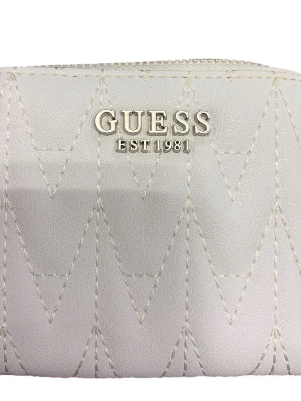 GUESS Cream Quilted Zip-Around Wallet with Metal Logo